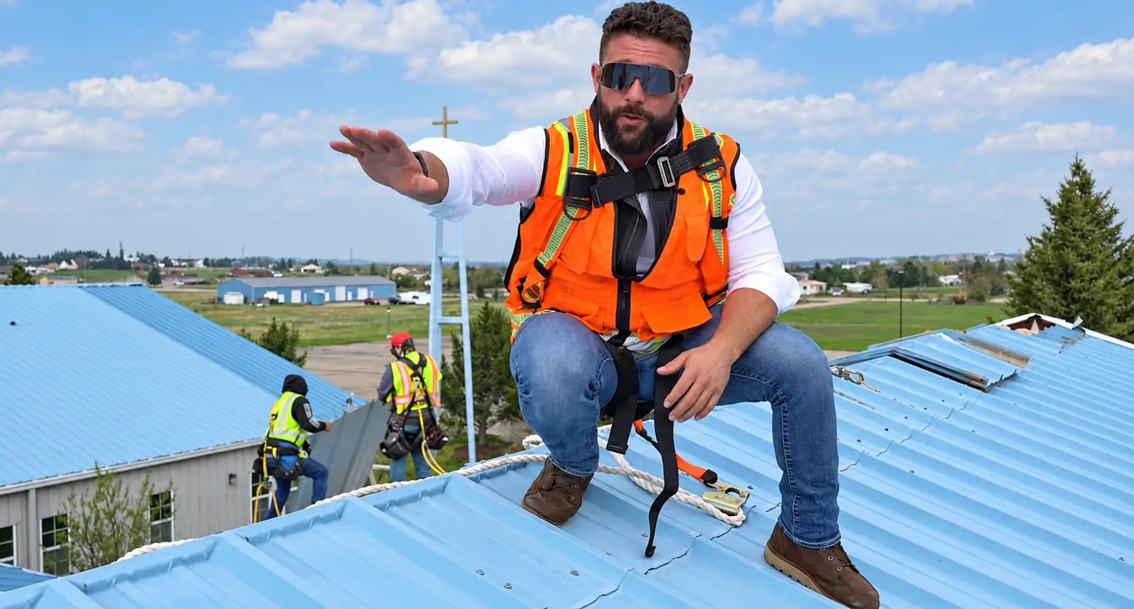Nick Lavelle in a safety harness on a commercial roof